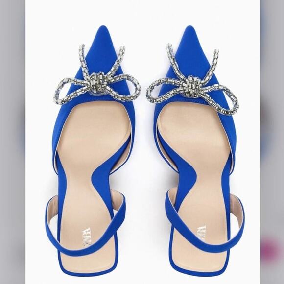 Zara Blue EMBELLISHED BOW HEELED SLINGBACKS - Picture 3 of 15